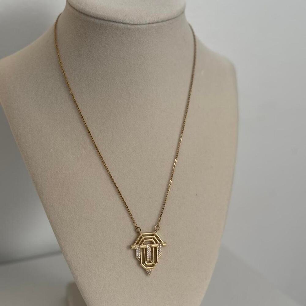 Gold Tone Geometric Pendant Necklace Clear Rhinestone Elegant Statement Jewelry - Picture 5 of 5